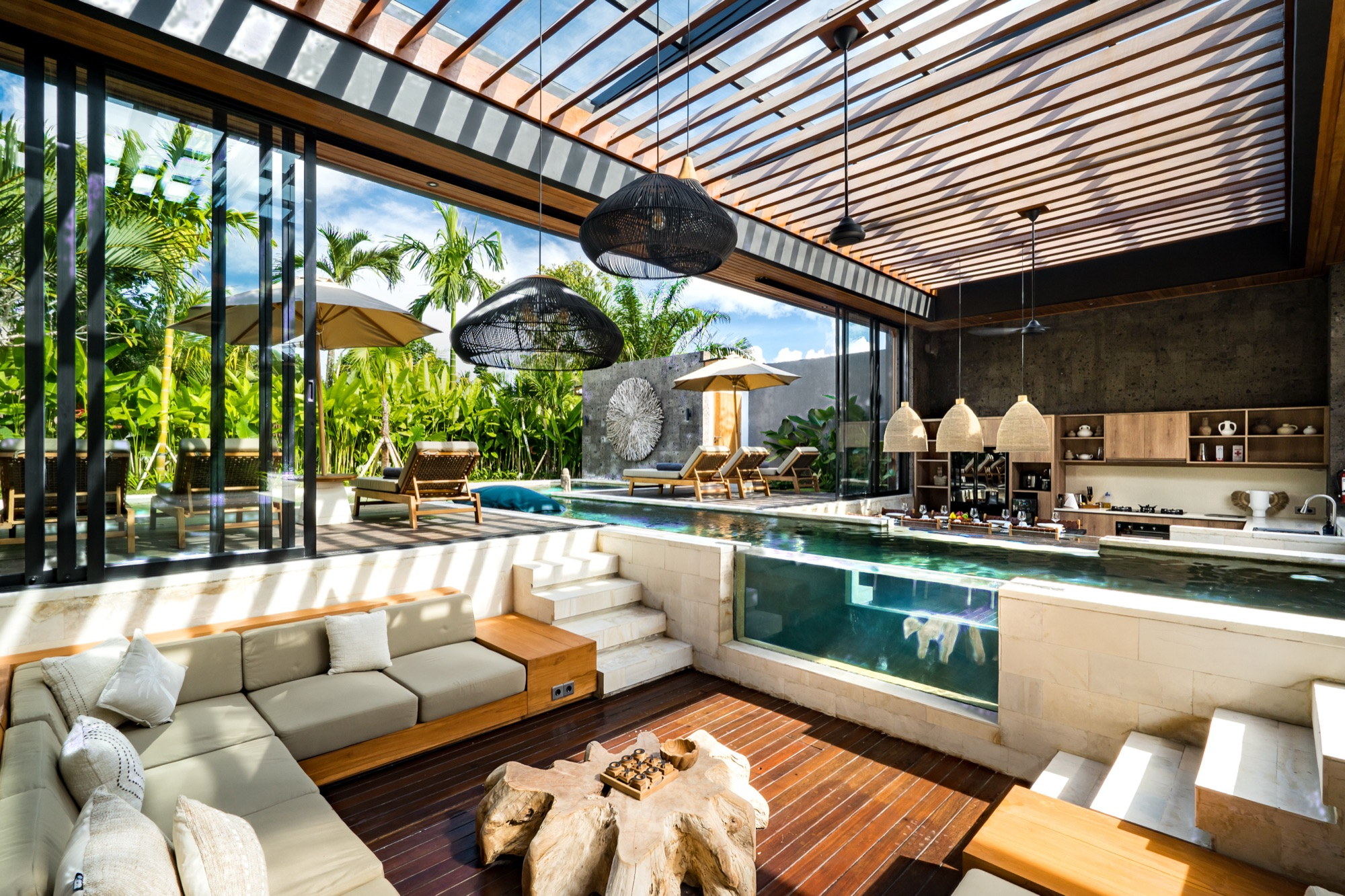 Salon ouvert de Villa Beltza avec piscine couloir, cuisine ouverte et jardin tropical